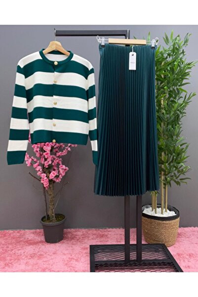 exxitcollection Γυναικείο Μαντίλι Πλεκτό Ζακέτα Πλισέ Φούστα Διπλό Σετ