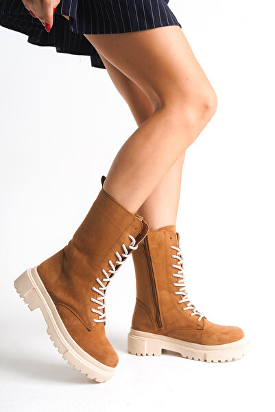 Ayakkabı Delisiyim Γυναικείες μπότες Suede Tan Mia με κορδόνια με φερμουάρ μέσα με χοντρή σόλα αδιάβροχη