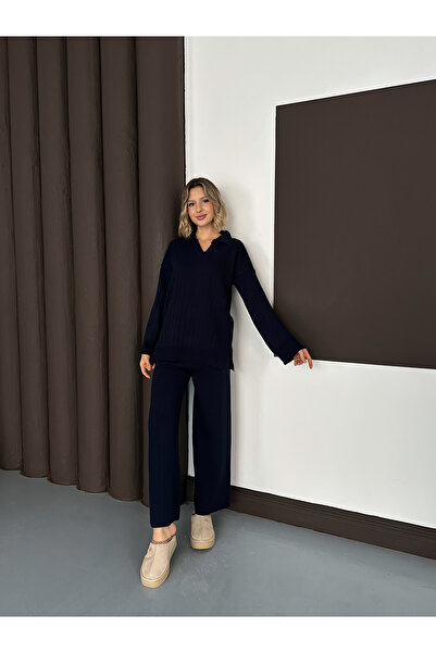 MODAMERSİ Women's Navy Blue Polo Neck Top and Bottom Knitwear Set
