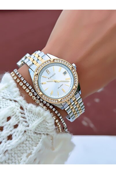 Ferrucci ساعة يد نسائية بسوار فولاذي مع تقويم، مقاومة للماء حتى 3 ضغط جوي، ضم...