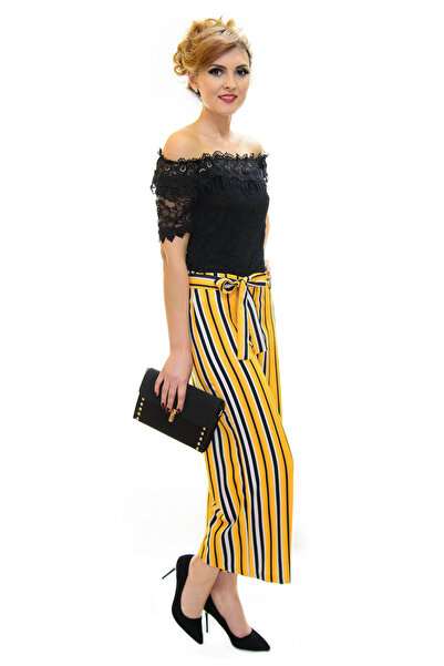 Elis Fashion Women's yellow culotte pants with stripes and drawstring