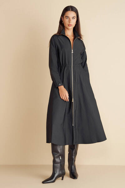 BROOKS BROTHERS Kadın Siyah Önü Fermuarlı Beli Büzgülü Tafta Gömlek Elbise