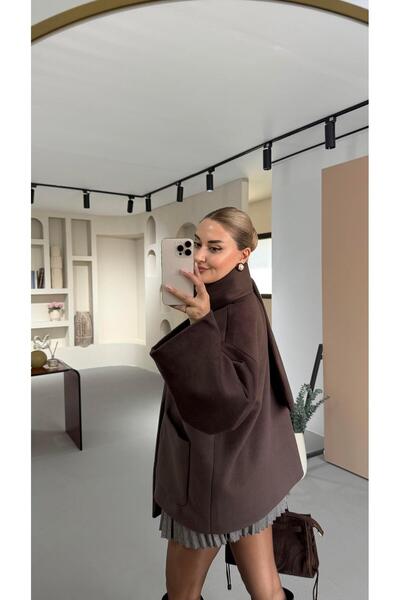 Sezgi Tekin Atkılı Oversize Kahve Kaşe Kaban