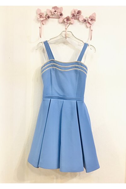 Erkut Rochie de seara scurta pentru fete din stofa creponata de culoare indigo cu bretele groase