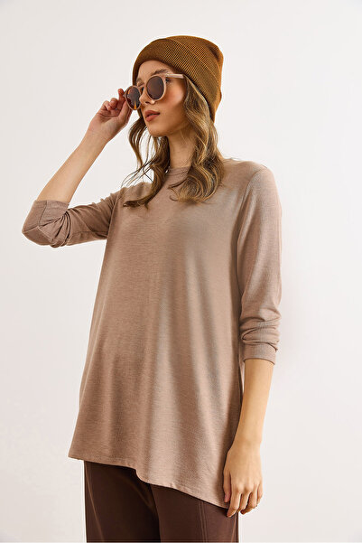 Olalook Kadın Bej Yanı Yırtmaçlı Bisiklet Yaka Salaş Bluz BLZ-19003147