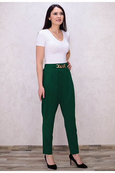 Elis Fashion Women's green plus size high waisted pants with gold accessory