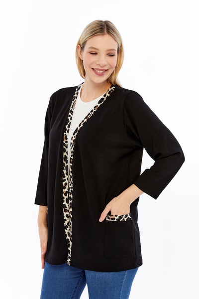 Curvy Trend Plus Size Leopard Paneled Pockets Soft Flowy Fabric Cardigan
