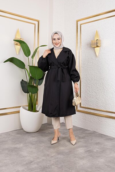 AVK MODA Kadın Trençkot Bondit Kumaş Bağlamalı Şık Rahat Su Geçirmez