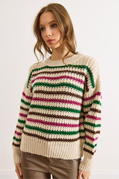 Olalook Women's Stone Fuchsia Colored Striped Thick Soft Textured Knitwear Sweater Kzk-19000917