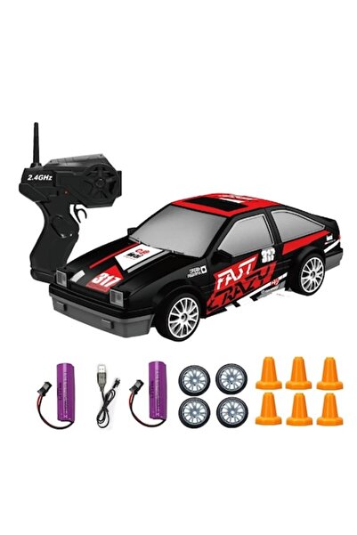 Toy RC Remote Control Car 1/24 Drift 4WD 15 km/h LED Lights 2 Rechargeable Batteries Red Rally