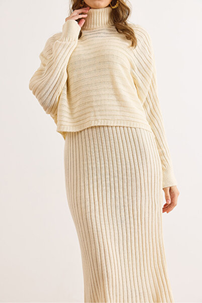 Olalook Women's Ecru Batwing Sweater Dress Knitwear Set Tkm-19000454