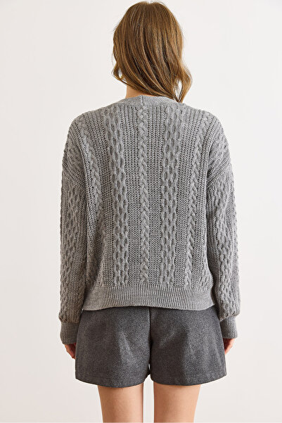 Olalook Women's Gray Hair Braid Detailed V-Neck Knitwear Cardigan Hrk-19000434