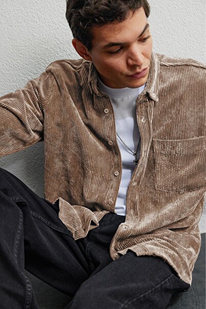 Tudors Erkek Regular Fit Rahat Kesim Fitilli Kadife Görünüm Düğmeli Yaka Açık Kahve Ceket Gömlek
