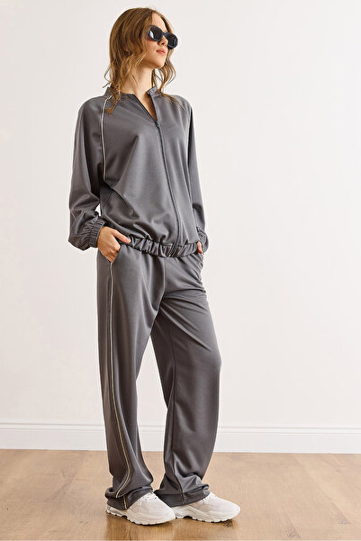 Olalook Women's Gray Striped Detail Bottom Top Tracksuit Set Etkm-0000089