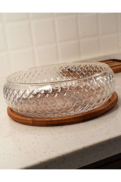 Decoplay Cam Salata Kasesi ve Tepsi Seti Büyük Boy 28 cm – Ahşap Tepsili Cam Salata Kase Seti