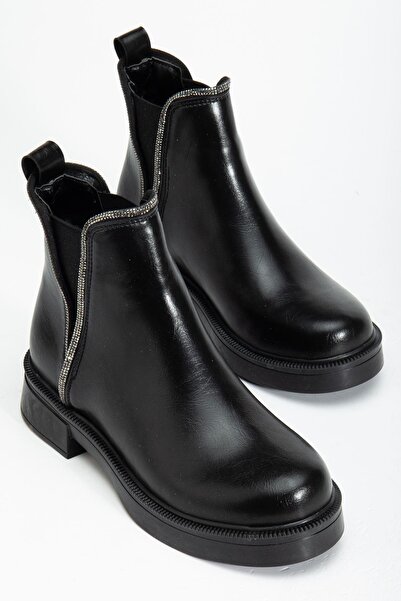 Aymood 02-02 Black Wrinkled Patent Leather Elastic Daily Women's Boots with Stone Accessories
