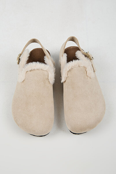 no miento Lapaz Fur Women's Vegan Leather Buckle Beige Sabo Slippers