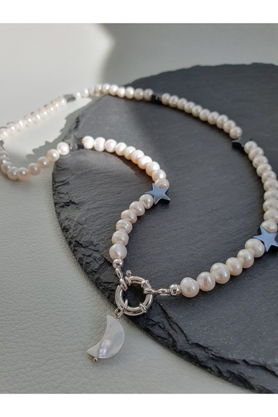 Abundo Necklace made of cultured pearls, hematite stars with crescent pendant and 925 silver, 49 cm