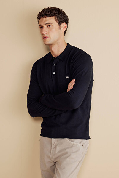BROOKS BROTHERS Erkek Lacivert Yün Karışımlı Polo Yaka Basic Kazak