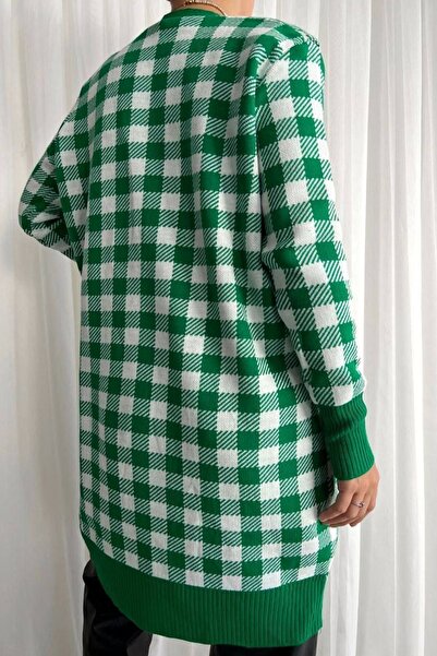 lovebox Plaid Patterned Green and White Knitwear Long Cardigan 069