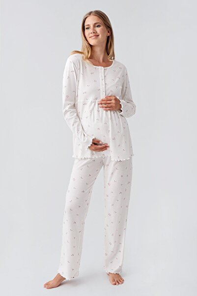 Artış Long Sleeve Patterned Buttoned Flexible Cotton Maternity Pajama Set