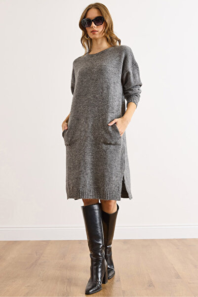 Olalook Women's Gray Kangaroo Pocket Slit Knitwear Tunic Dress Elb-19002550