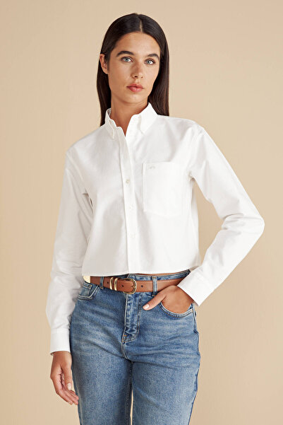 BROOKS BROTHERS Kadın Beyaz %100 Pamuk Logo Nakışlı Crop Oxford Gömlek