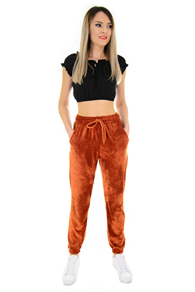 Elis Fashion Women's brown velvet pants with high elastic waist