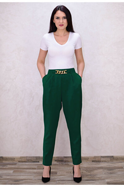 Elis Fashion Women's green plus size high waisted pants with gold accessory