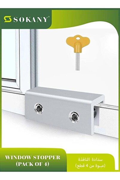 SOKANY 4 Sets Sliding Window Locks with Key - Aluminum Alloy, Adjustable Window Stoppers (Silver)