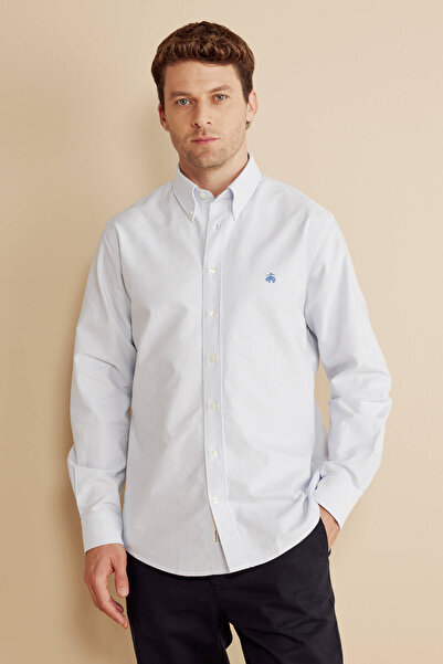 BROOKS BROTHERS Erkek Mavi-Beyaz Çizgili %100 Pamuk Düğmeli Yaka Regular Fit Uzun Kol Çizgili Oxford Gömlek