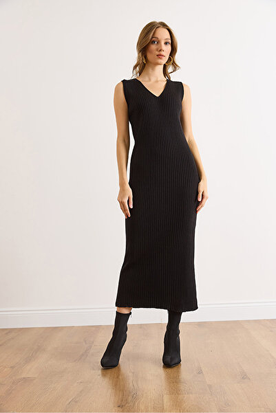 Olalook Women's Black Top Cardigan Inner Dress Knitwear Set Tkm-19000456