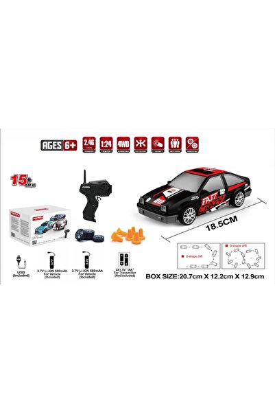 Toy RC Remote Control Car 1/24 Drift 4WD 15 km/h LED Lights 2 Rechargeable Batteries Red Rally