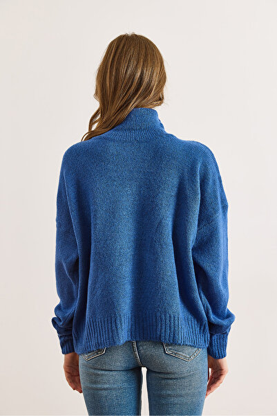 Olalook Pulover tricotat cu textura moale pentru femei, indigo, cu gât roșu, KZK-19001036