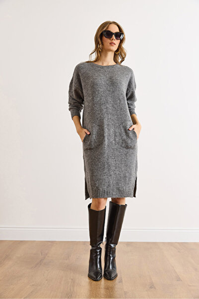 Olalook Kadın Gri Kanguru Cepli Yırtmaçlı Triko Tunik Elbise ELB-19002550