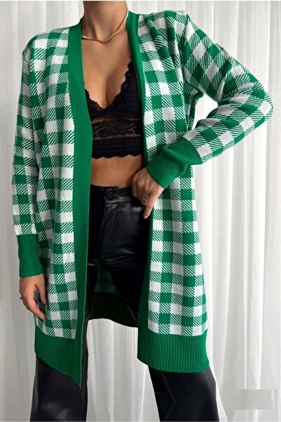 lovebox Plaid Patterned Green and White Knitwear Long Cardigan 069