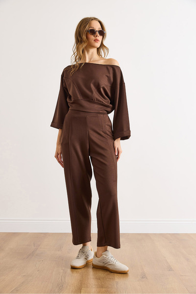 Olalook Kadın Kahverengi Dikiş Detaylı Modal Tuşeli Alt Üst Takım TKM-19000449