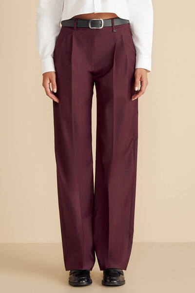 BROOKS BROTHERS Kadın Bordo Yün Karışımlı Metal Logolu Çift Pileli Yün Palazzo Pantolon