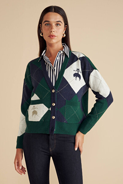 BROOKS BROTHERS Kadın Yeşil-Lacivert Yün Karışımlı Baklava Desenli Kuzulu Hırka