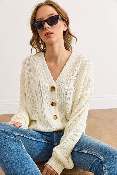 Olalook Women's White Hair Knit Detailed V-Neck Knitwear Cardigan Hrk-19000434