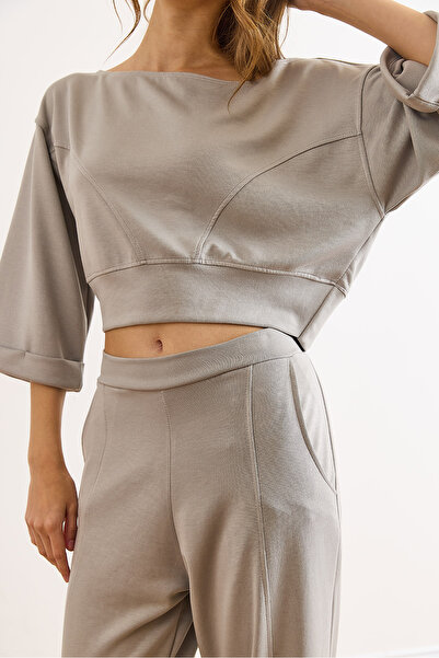 Olalook Kadın Gri Dikiş Detaylı Modal Tuşeli Alt Üst Takım TKM-19000449