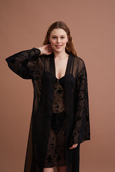 Marpessa Floklu Transparan Gecelik ve Sabahlık Takımı