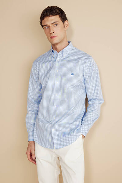 BROOKS BROTHERS Erkek Mavi-Beyaz %100 Pamuk Düğmeli Yaka Regular Fit Uzun Kol Kareli Gömlek