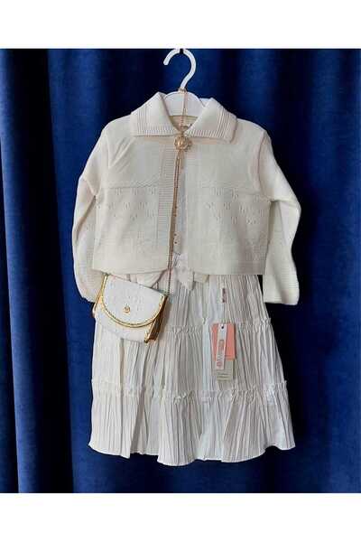 GÜVEN 5/8 YAŞ KIZ ELBİSE ÇANTALI HIRKALI BRODE SIRALI ÇİÇEKLİ