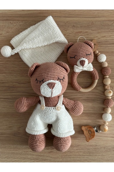 esrayılmazdesign Amigurumi el yapımı örgü organik oyuncak ayıcık set, çıngıra...