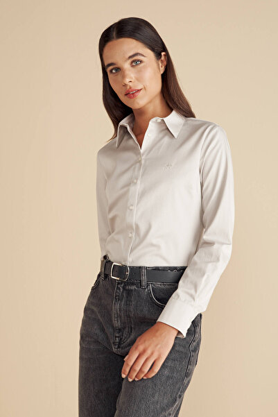 BROOKS BROTHERS Kadın Gri %100 Pamuk Logo Nakışlı Business Gömlek