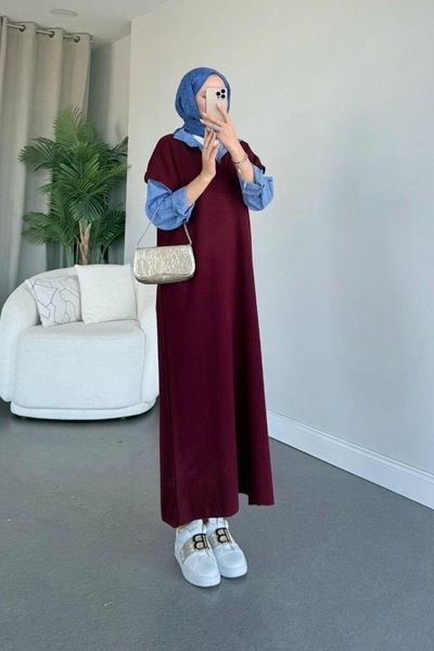 Bahar Altundemir Kadın Oversize Gömlekli Triko Uzun Elbise