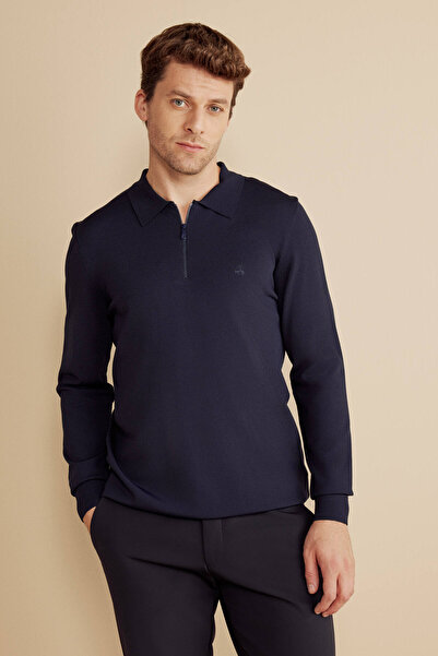 BROOKS BROTHERS Erkek Lacivert Polo Yaka Fermuarlı Uzun Kollu Rayon Kazak