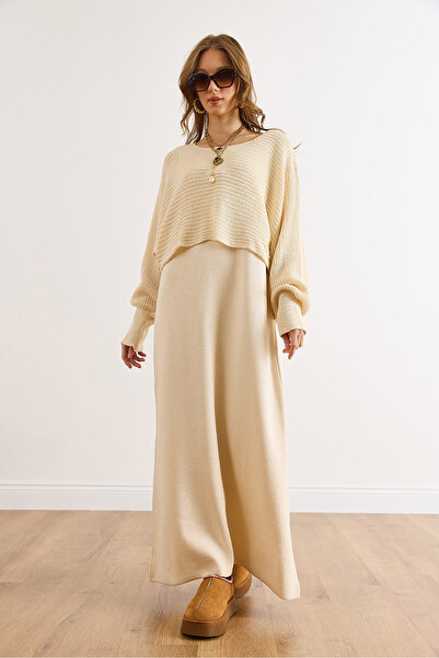 Olalook Women's Ecru Sweater Dress Knitwear Set Tkm-19000453