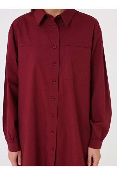 Benin Poplin Kumaş Cep Detaylı Uzun Basic Bluz / Gömlek - Bordo -